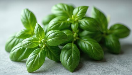 Fresh green basil herb bunch rests on gray surface. Aromatic leaves used for cooking italian pasta or thai dishes. Healthy food ingredient adds flavor to meals.