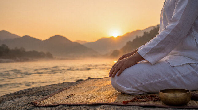 Yoga meditation in Rishikesh on river bank landscape background healthy lifestyle wellness india culture copy space spirituality peace mindfulness