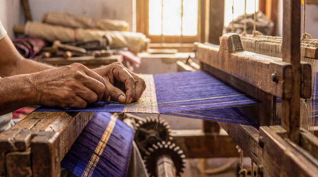 Silk weaving loom process close up hands artisan craft india culture background copy space textile handmade fabric fashion tradition industry