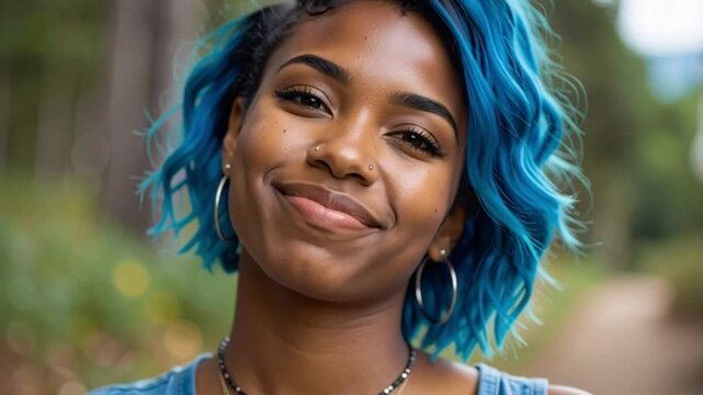 Junge Frau mit blauen Haaren und Piercings