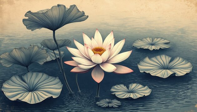 Elegant lotus flower and leaves float on calm water surface. Art style resembles vintage woodcut engraving with fine linework and muted tones. Delicate bloom opens with pale petals and yellow center.