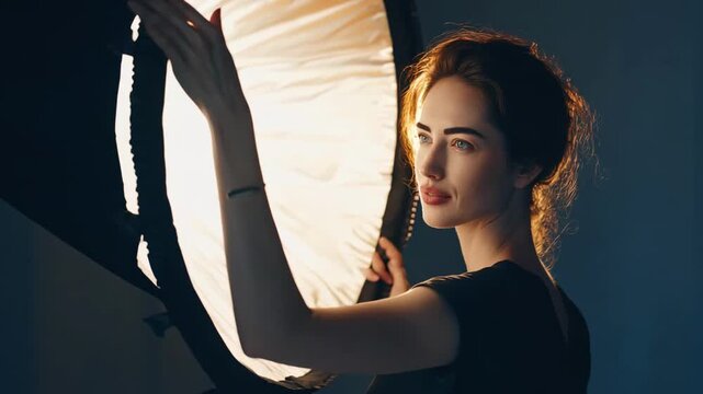 Medium shot of a photographer adjusting a softbox light to create soft even illumination for a portrait session in a modern studio.