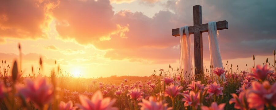 Wooden cross with white cloth draped sits in blooming lilies field at golden sunrise. Sun sets with orange clouds above. Religious symbol of hope and new beginning.