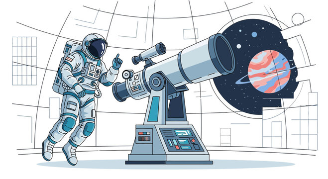 Exploration of Outer Space Cartoon Concept Featuring Astronaut and Telescope inside station