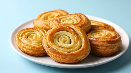 Fototapeta premium Classic palmiers golden and flaky served on a pristine white plate on blue background