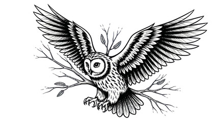 Fototapeta premium An owl with wings spread wide perches on branches.