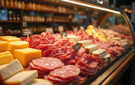 Assorted sliced meats and cheese blocks displayed in a deli glass counter. Includes salami, prosciutto, and various cheeses. Fresh food selection for gourmet platters.