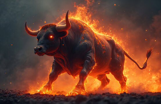 Fiery bull charges forward with glowing eyes amid smoke, embers. This powerful creature represents aggressive market growth, financial strength. Its intense energy signifies unstoppable momentum.