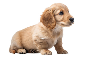 Realistic cute puppy sitting, baby animal concept, innocent expression, soft lighting, isolated on transparent background, PNG, ultra realistic
