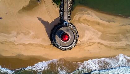 Aerial view of red-roofed structure at end of pier, sandy beach & waves