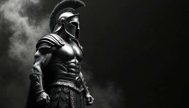 Black and white spartan warrior stands ready in full armor. Muscular build, helmet with plume, dark background with wisps of smoke. Symbolizes strength, combat, ancient Greece.