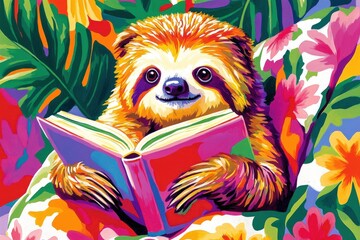 Fototapeta premium Sloth reading a book while cozy in a colorful blanket surrounded by tropical leaves and flowers