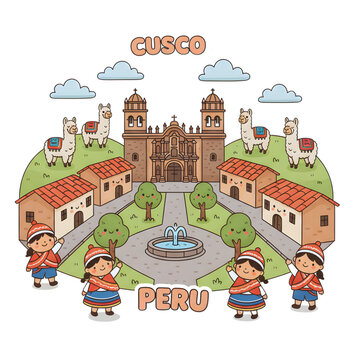 Vintage vector illustration of an old town street with seamless cartoon houses and Tuscan architecture in a scenic urban city landscape drawing. Cusco at Peru