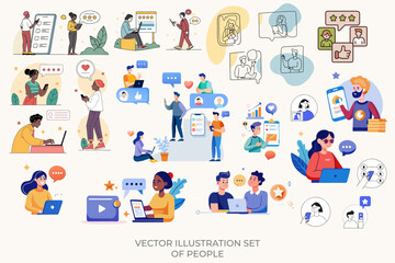 A set of vector illustrations of people participating in various activities of social media, networking, support, community, chatting, online communication.
