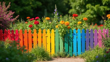 Obraz premium Vibrant rainbow fence borders rich garden filled with blooming flowers, green foliage. Wooden fence painted in bright, cheerful colors creating playful, welcoming atmosphere. Stands out against