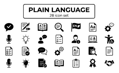 Fototapeta premium Plain Language Simple Clear Easy-to-Read Simplified Text Plain-English Readable Content Simplification Accessible Understandable Communication Literacy Comprehension Vector Icon Set - Simple Language