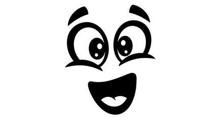 Happy cartoon face with wide open mouth and joyful expression, black and white line art on isolated white background.