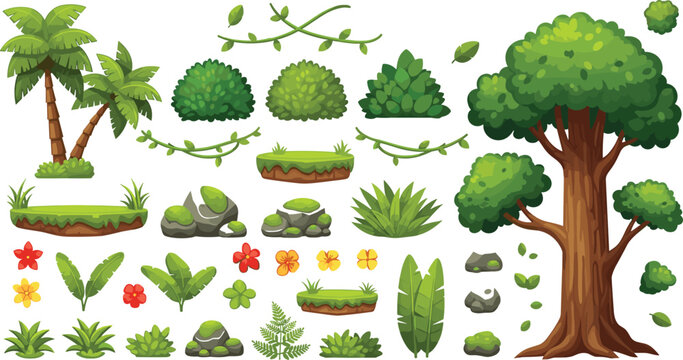 Cartoon Nature Environment Elements Set with Trees, Bushes, Grass, Flowers, Rocks, and Platforms for 2D Games, UI Assets, and Illustration Design