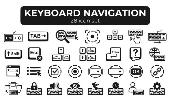 Keyboard Navigation Shortcuts Tab Access Focus Indicator Controls Keys Accessibility Keyboard-Only Arrow Enter Escape Spacebar Tabbing Vector Icon Set - Keyboard Access