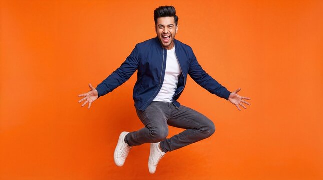 Excited Indian man jumping high on orange background celebrating success.