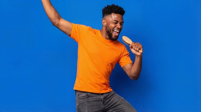 Excited Black man singing into hairbrush on blue background acting like rock star.