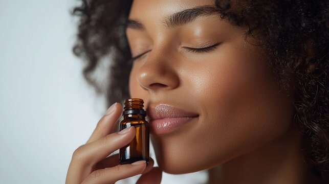Woman inhaling essential oil, peaceful expression, white background, wellness