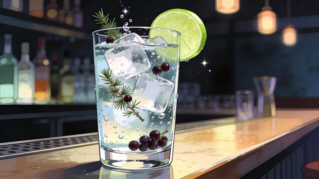 Professional stock illustration of gin and tonic in highball with lime wheel and juniper berries, ef