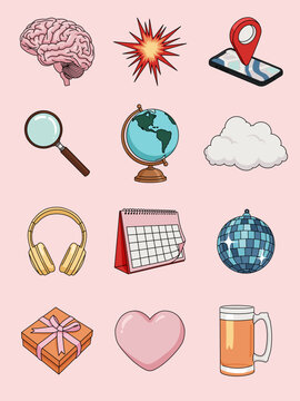 Vector Icon Set for Lifestyle, Web, Business, Media and Technology with Brain, Sparkling Star, Location on Phone, Magnifying Glass, Globe, Cloud, Music, Calendar, Disco Ball, Gift, Heart and Beer