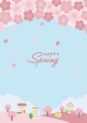 春の背景イラスト　桜と花びらと家のイラスト　バナー