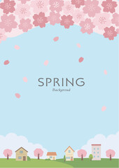 春の背景イラスト　桜と花びらと家のイラスト　バナー
