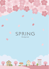 春の背景イラスト　桜と花びらと家のイラスト　バナー
