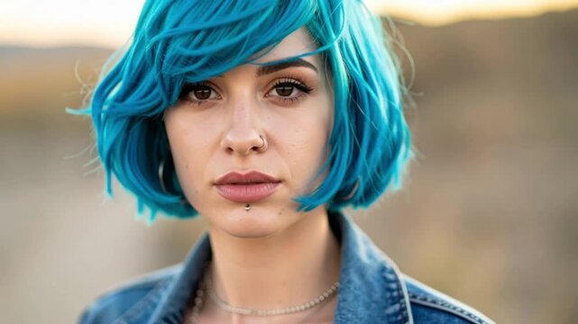 Junge Frau mit blauen Haaren und Piercings