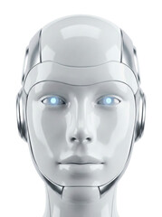 Futuristic white android head isolated. Artificial intelligence robot face.