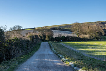 Looking along a path in the Sussex countryside, with agricultural fields surrounding