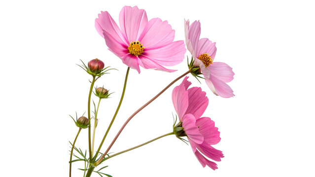 Three cosmos flowers are seen blooming on a green stem with small buds isolated on transparent background