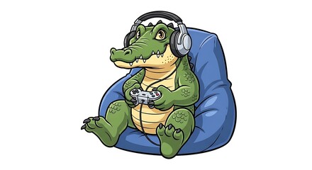 Obraz premium Crocodile wearing headphones playing video games on controller