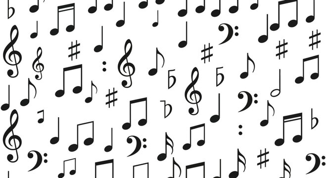 Musical notes scattered across white background creating a rhythmic pattern.