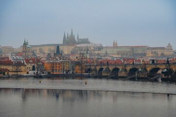 Fototapeta premium Charles Bridge and Prague Castle cityscape over Vltava River Prague