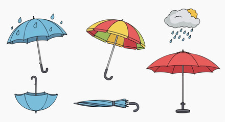 Obraz premium A collection of umbrellas in various colors and styles, with rain and clouds, depicted in a digital illustration from a straightforward viewpoint.