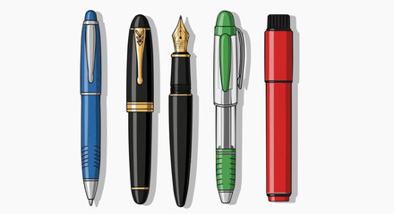 Fototapeta premium A collection of five pens with varying designs and colors displayed horizontally on a plain background from a front viewpoint