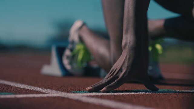 Runner at starting block on race track
