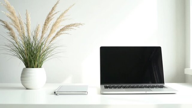 Minimal home office desk with laptop and pampas grass
