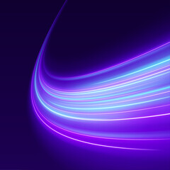 Neon velocity lines stretch forward, simulating rapid digital travel. Cool blue and purple tones dominate the scene. Futuristic abstract motion art.