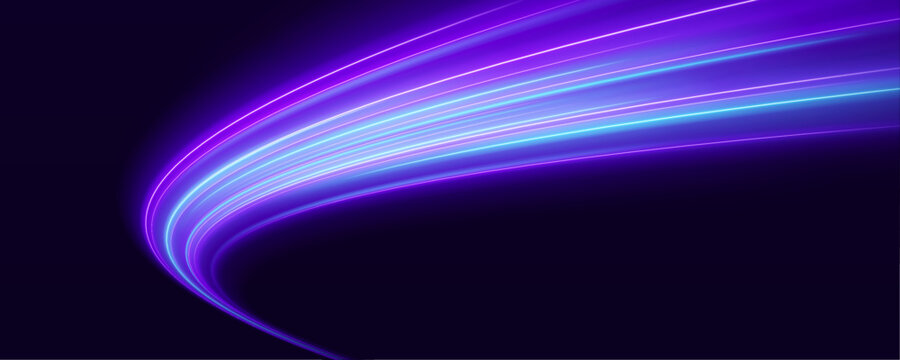Light ribbons sweep across the scene with smooth futuristic motion. Blue, violet, and red glows enhance depth. Abstract speed and energy background.