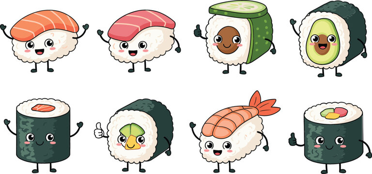 Cute kawaii sushi and maki characters set with happy faces and thumbs upCute kawaii sushi and maki characters set with happy faces and thumbs up