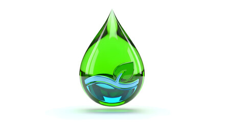 Green eco-friendly water droplet with leaf symbolizing sustainability and conservation