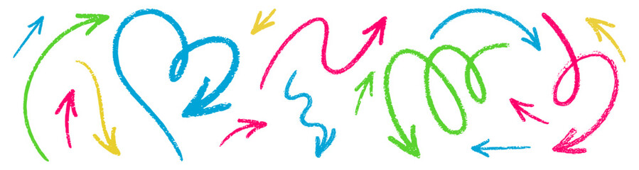 Arrows in doodle style with wax crayon, chalk and marker texture. Vector colorful arrow illustration. Abstract sketch with playful children art elements