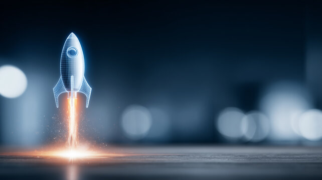 Wireframe rocket launching upward representing startup growth innovation and product launch momentum.
