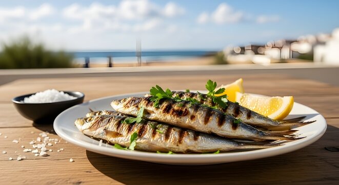 Freshly grilled sardines served with lemon wedges and sea salt on a wooden table overlooking a sunny coastal beach.