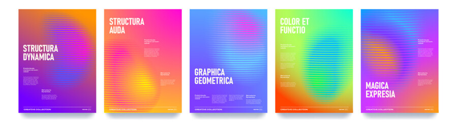 Color gradient backgrounds with neon light gradation circles and halftone grain noise, vector posters. Holographic iridescent neon colors blend of chromatic fluorescent transition mesh glow